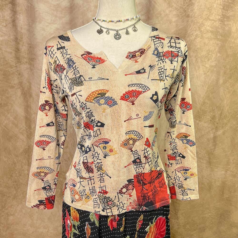 Graphic Print Top Chinese Art All Over Print 3/4 Sleeve Vintage Y2K Harajuku